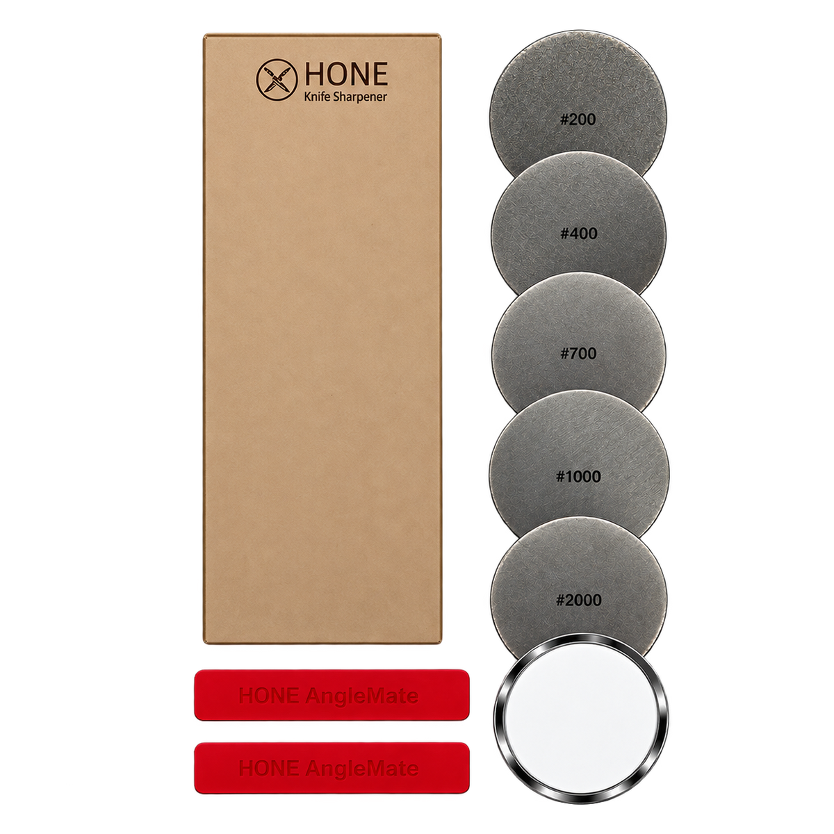 HONE Pro Accessories package with sharpening discs, Leather Strop and AngleMate