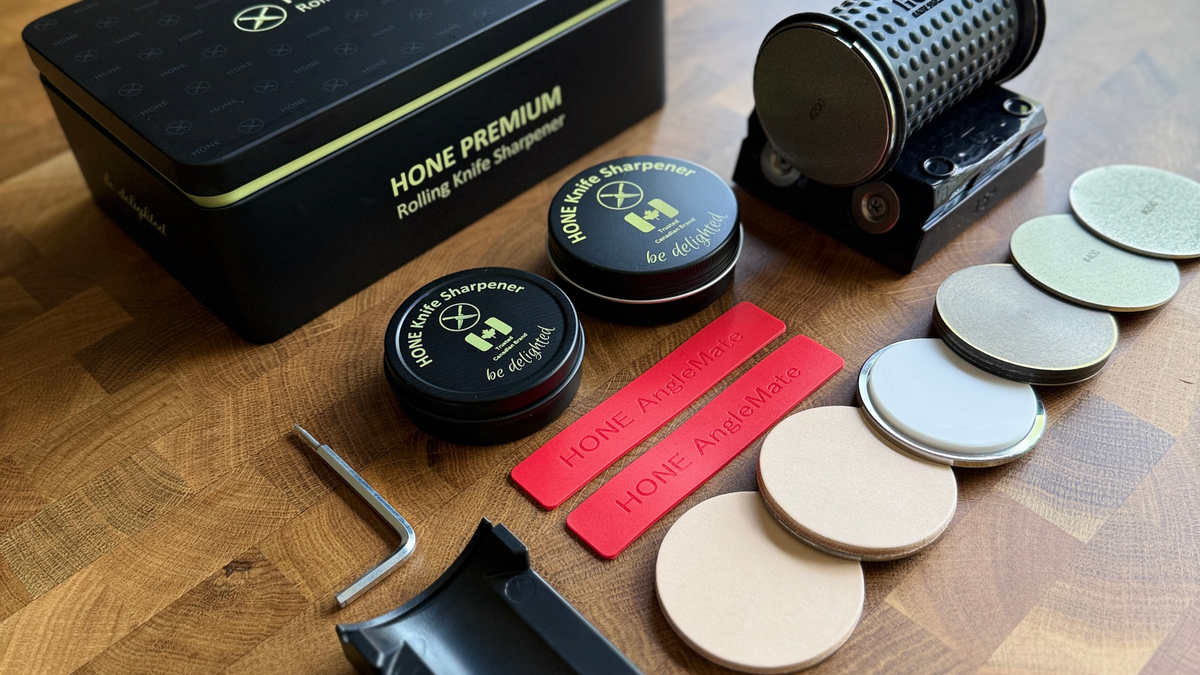 HONE PREMIUM complete sharpening system with roller, Knife Holder, discs, accessories, and signature metal box