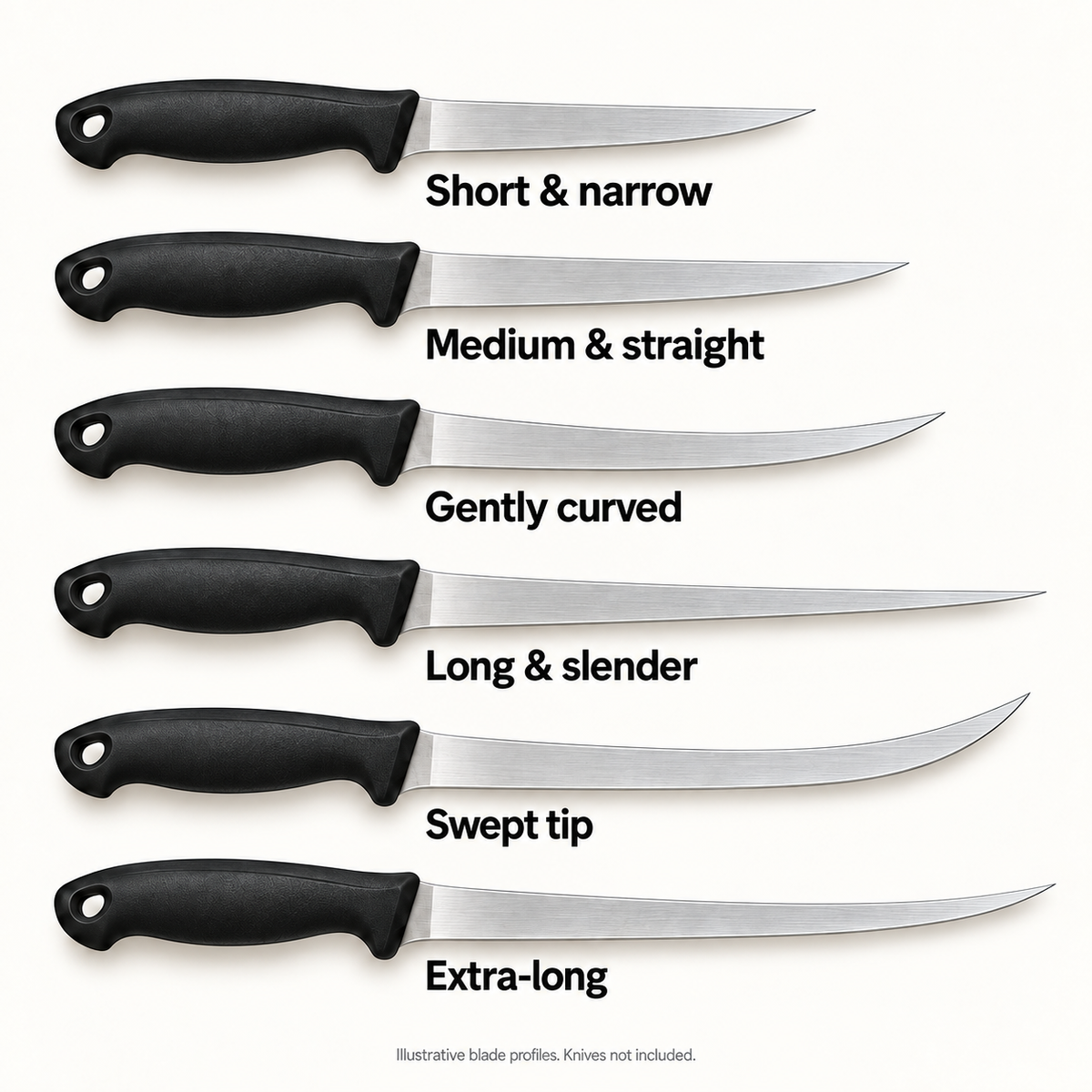 Top-view illustration of six fillet knife blade shapes and lengths. Knives not included.