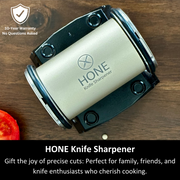 Top view of the HONE rolling sharpener and knife holder in a gift graphic