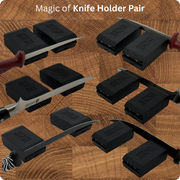 Six examples of paired HONE Fillet Knife Holders supporting knives of different shapes and lengths