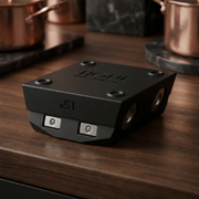 Black HONE Knife Holder showing the labelled 15-degree side on a wooden worktop