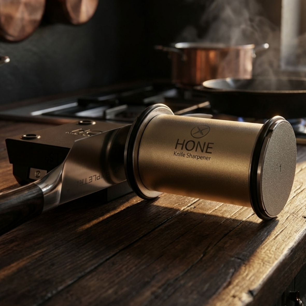 HONE rolling sharpener beside a knife positioned on the Knife Holder
