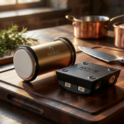 HONE rolling sharpener and black knife holder beside a chef's knife on a cutting board