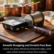 Knife secured in a HONE Knife Holder beside the HONE roller in the Vertical Strop stand