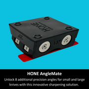 Black HONE Knife Holder marked 15° and 20° resting on a red AngleMate strip