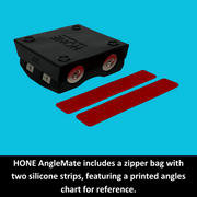 Two red HONE AngleMate strips displayed beside a black HONE Knife Holder