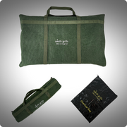 Three North Grills storage bags in green and black, including a labelled charcoal bag