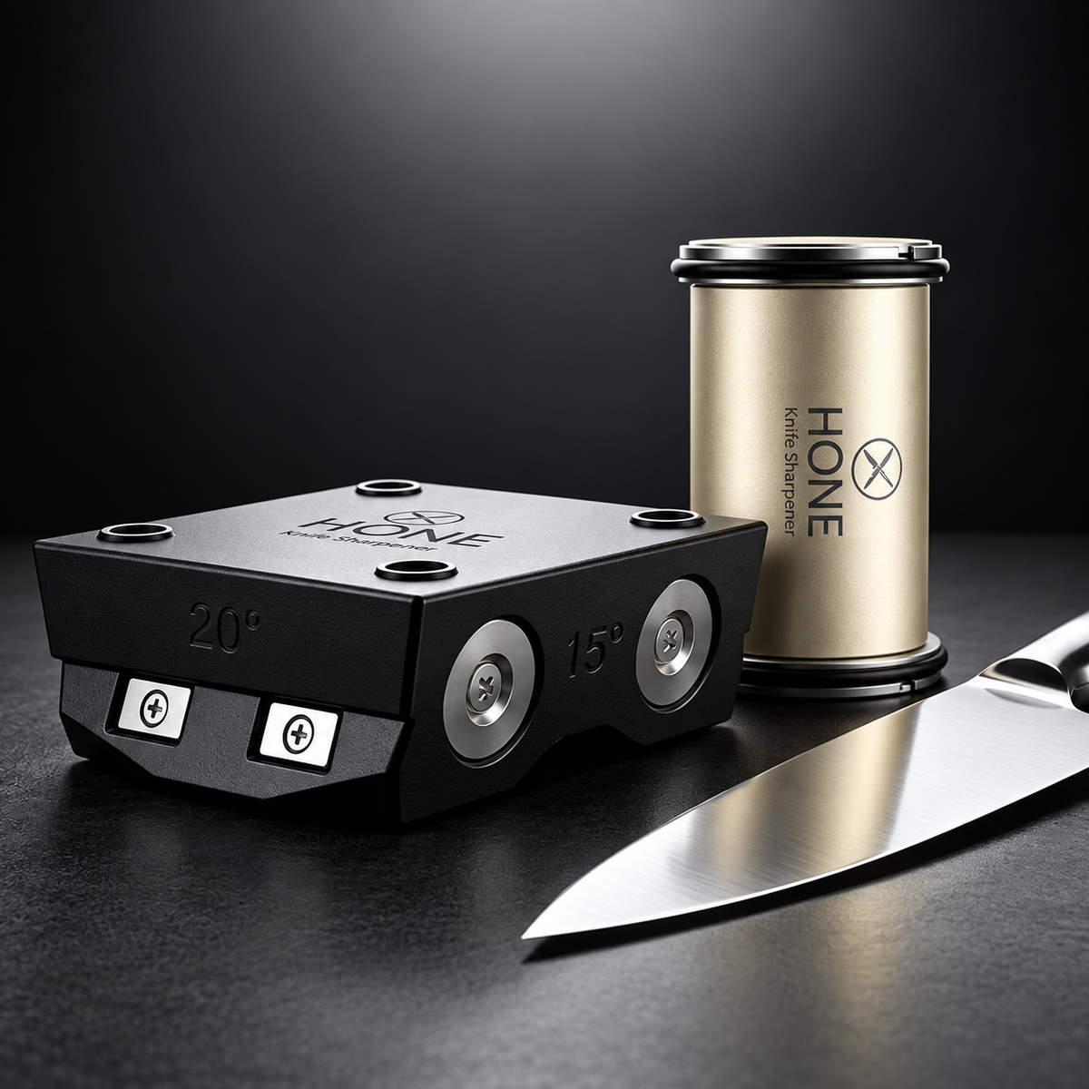 HONE rolling sharpener beside a knife positioned on the Knife Holder
