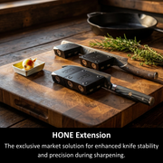 HONE Extension shown attached to and separate from HONE Knife Holders beside kitchen knives