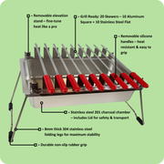 Annotated North Grills Kabob Grill with 20 skewers, elevation stands and red ribbed handles