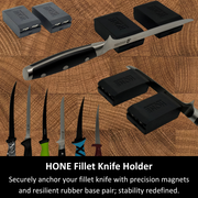 Composite of paired HONE Fillet Knife Holders supporting several kitchen knives