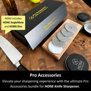 HONE Pro Accessories box and sharpening discs arranged beside a kitchen knife