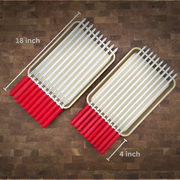 Two sets of 18-inch grill skewers with red ribbed handles and metal holders
