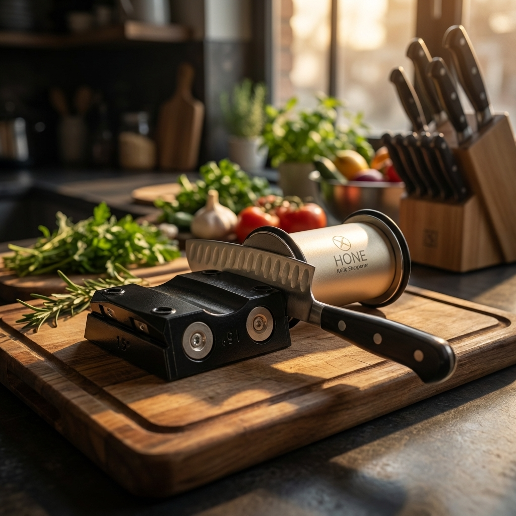 Small kitchen knife positioned on the HONE Knife Holder beside the rolling sharpener