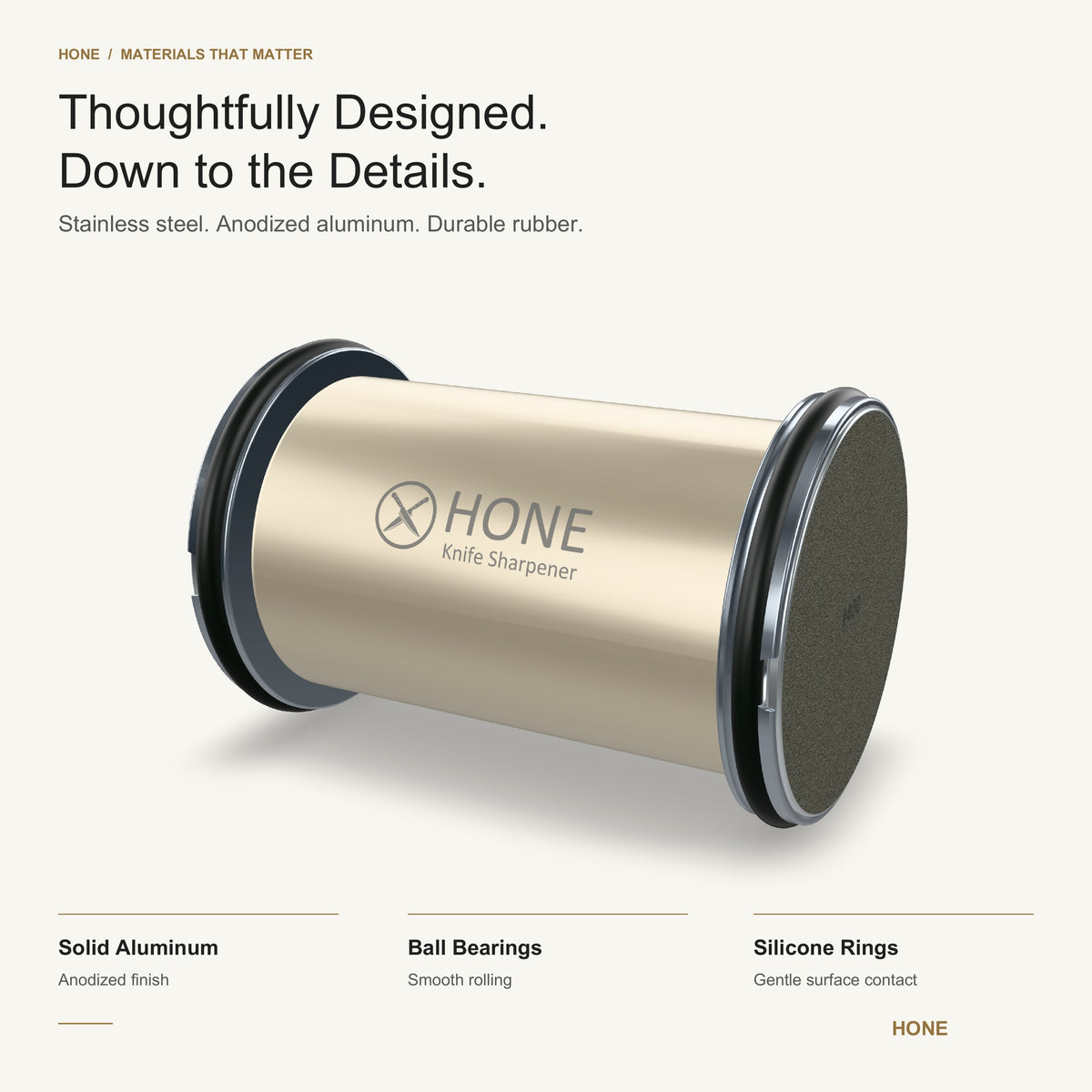 HONE Knife Sharpener materials: solid aluminum roller, ball bearings and silicone rings