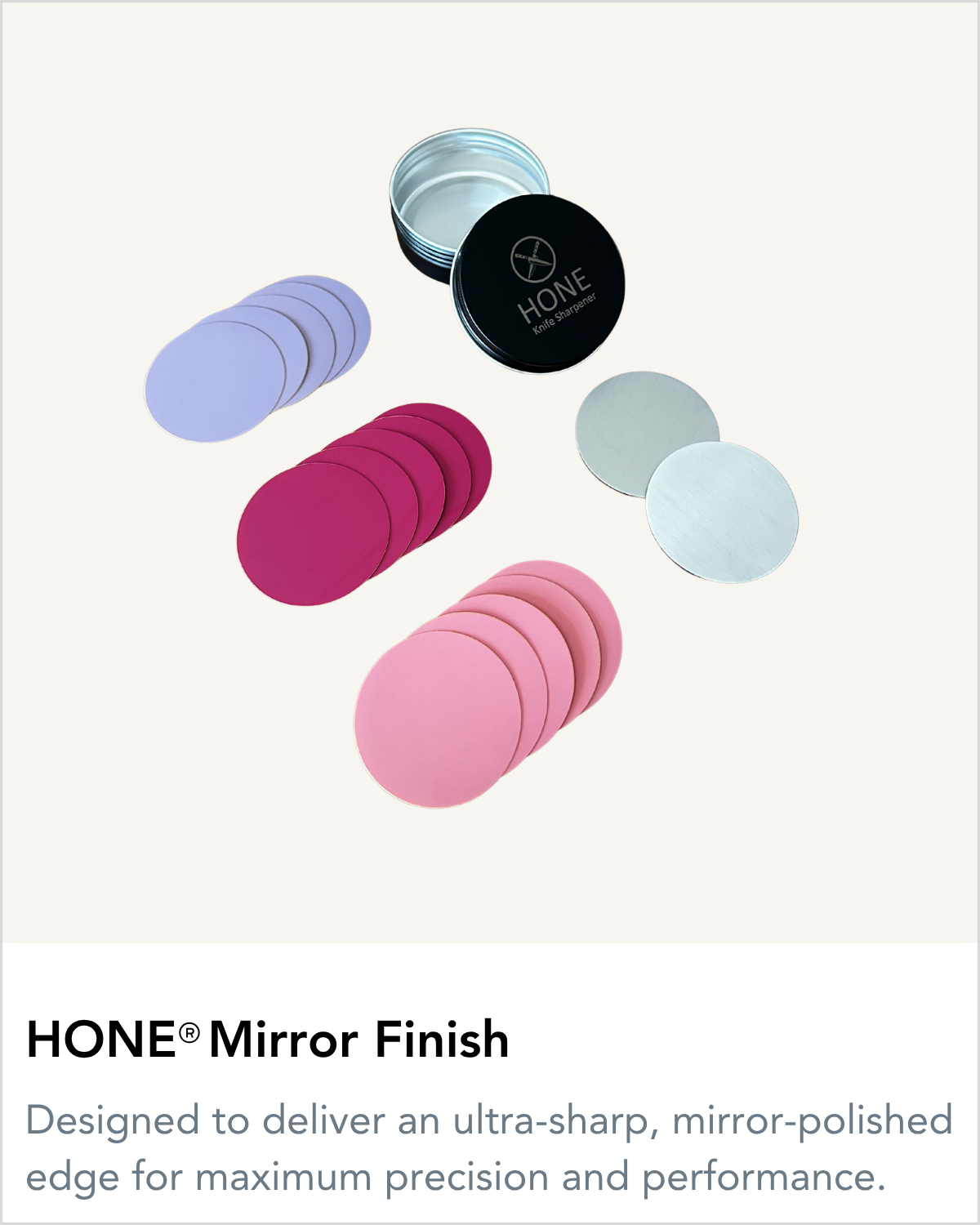 HONE Mirror Finish on an ivory background